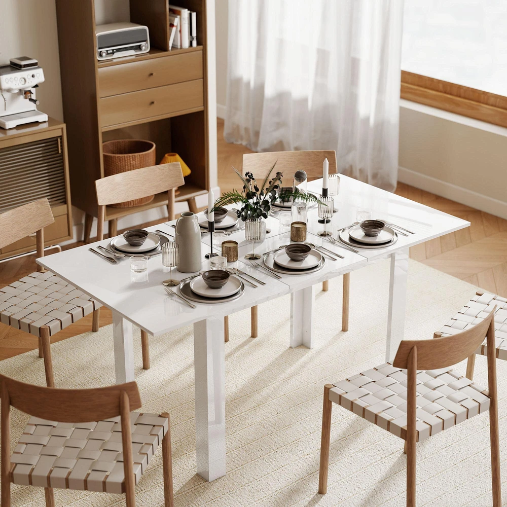 Išskleidžiamas valgomojo stalas HOMCOM, 120–160 x 70 cm, reguliuojamas virtuvės stalas 4–6 asmenims, MDF, blizgi balta spalva