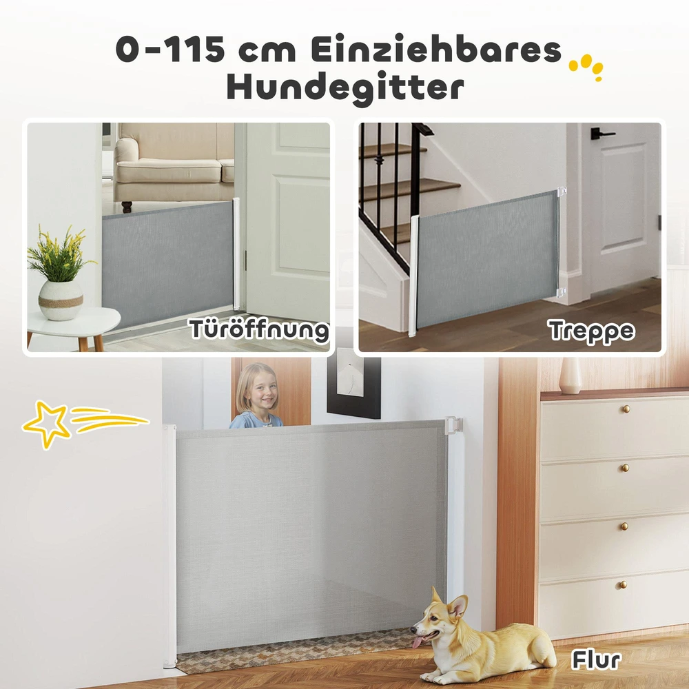 „PawHut“ apsauginis barjeras šunims, laiptų pertvara, ištraukiamas, 115 ilgis x 82,5 aukštis cm