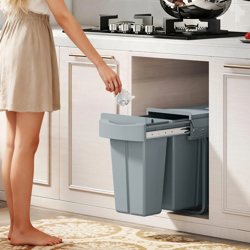 Ištraukiama šiukšliadėžė HOMCOM, virtuvinė šiukšliadėžė su 2 išimamais kibirais, rankena, 30 litrų (20 l + 10 l), metalinė, pilka