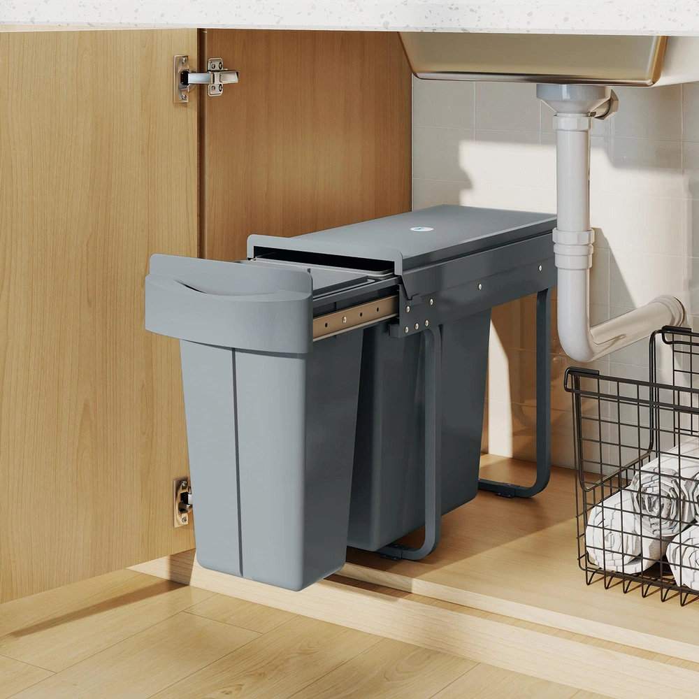Ištraukiama šiukšliadėžė HOMCOM, virtuvinė šiukšliadėžė su 2 išimamais kibirais, rankena, 30 litrų (20 l + 10 l), metalinė, pilka