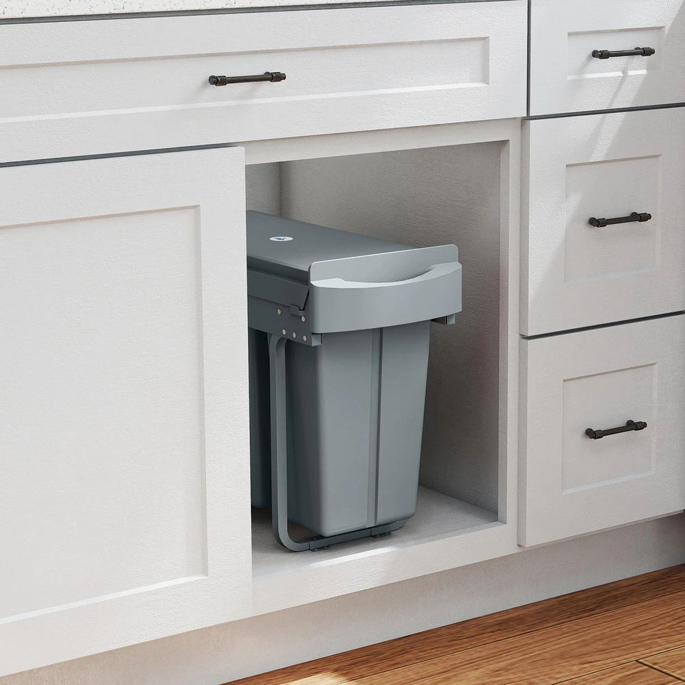 Ištraukiama šiukšliadėžė HOMCOM, virtuvinė šiukšliadėžė su 2 išimamais kibirais, rankena, 30 litrų (20 l + 10 l), metalinė, pilka