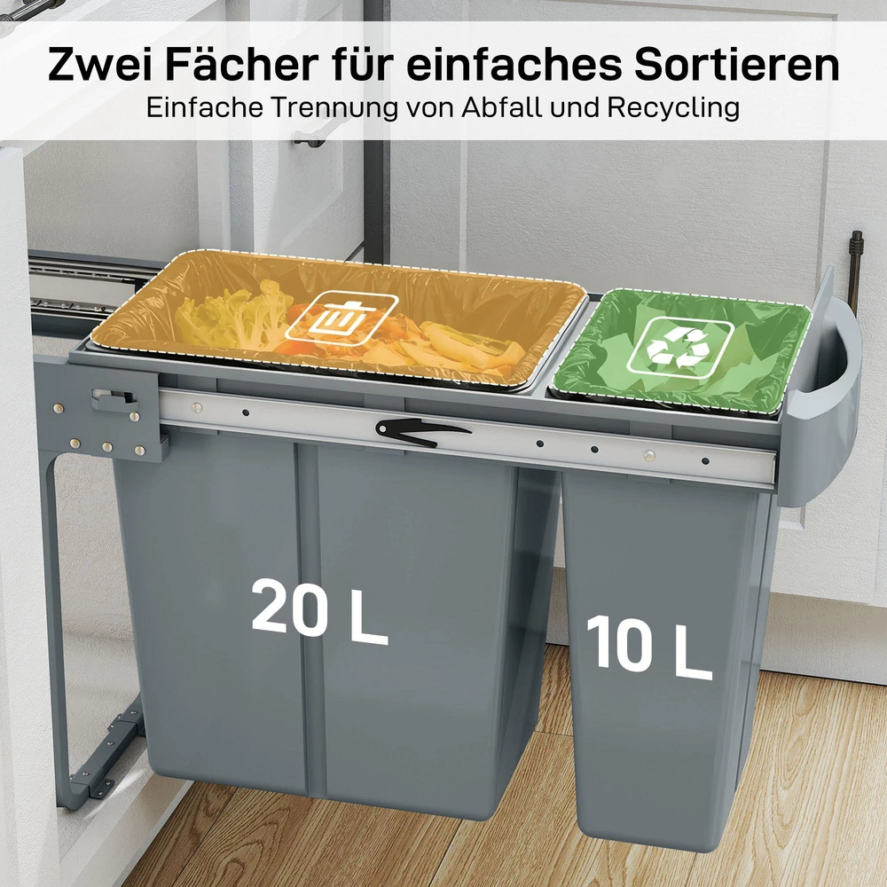 Ištraukiama šiukšliadėžė HOMCOM, virtuvinė šiukšliadėžė su 2 išimamais kibirais, rankena, 30 litrų (20 l + 10 l), metalinė, pilka