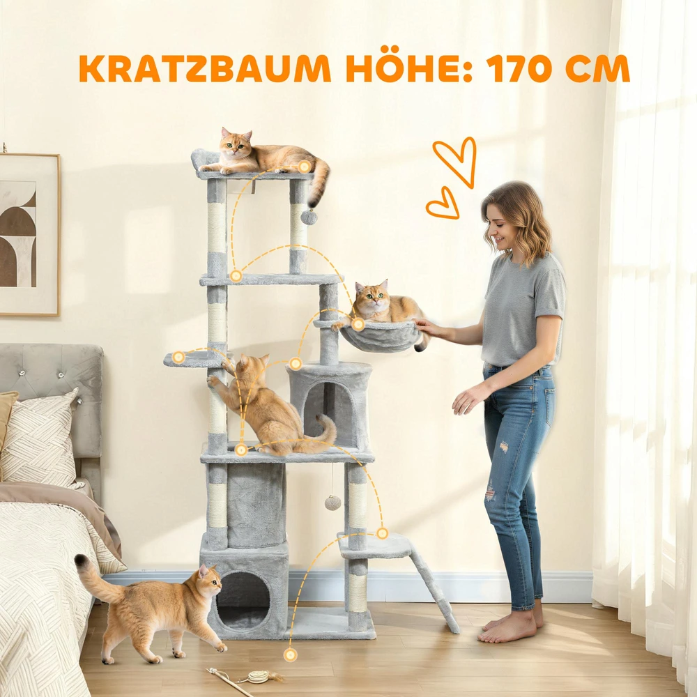 Katės draskyklė, 170 cm, tunelis, guoliai, didelis pagrindas, sizalio stulpai, šviesiai pilka