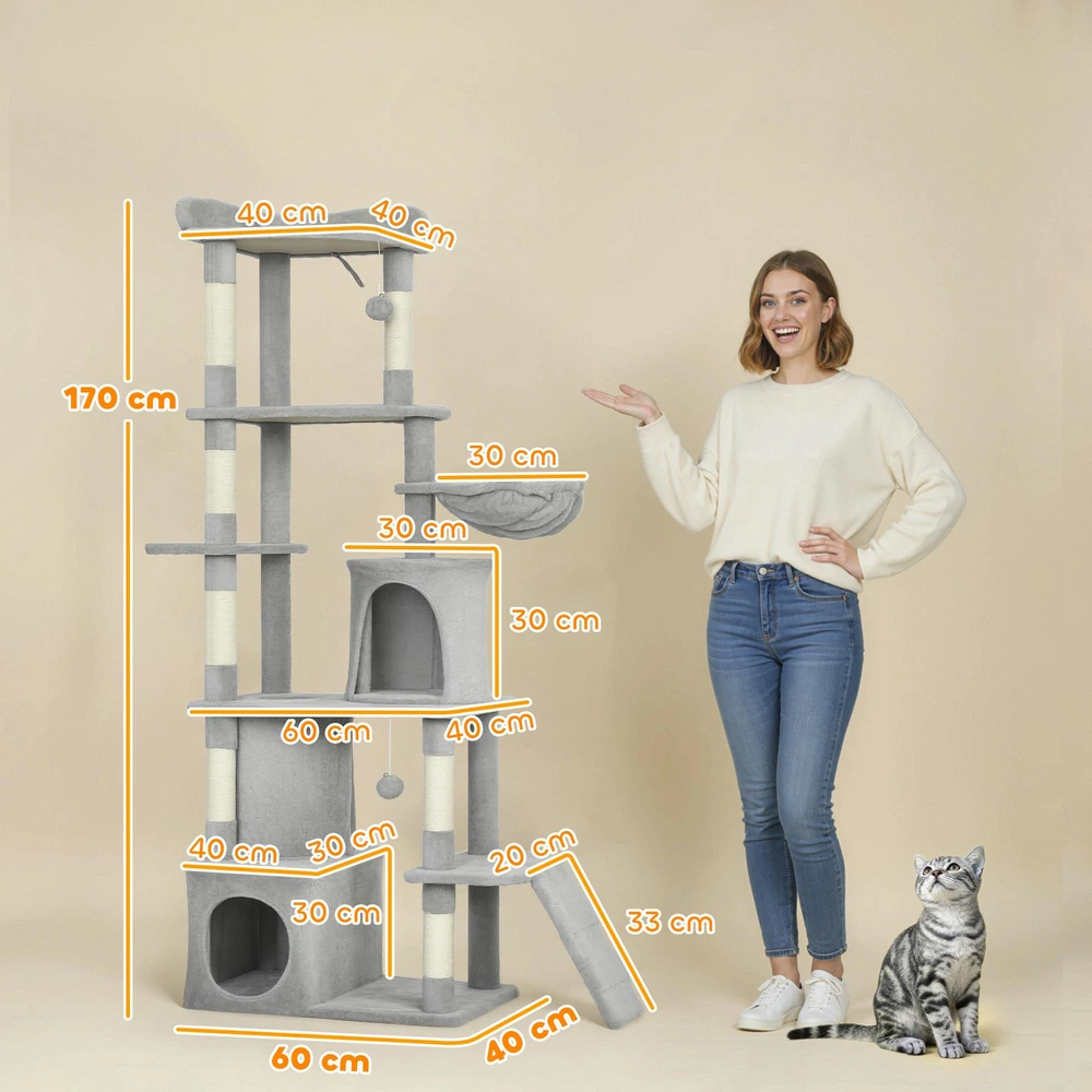 Katės draskyklė, 170 cm, tunelis, guoliai, didelis pagrindas, sizalio stulpai, šviesiai pilka