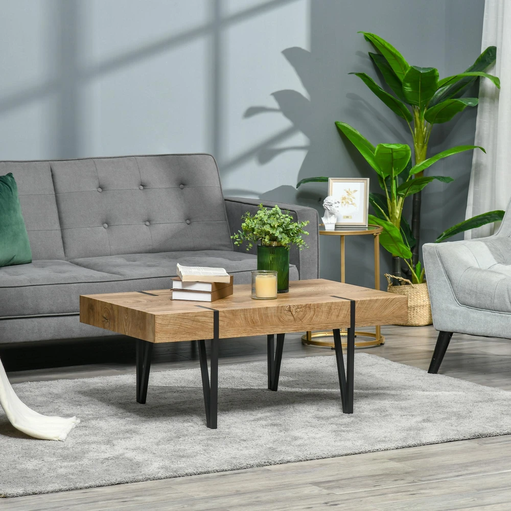 HOMCOM kavos staliukas, šoninis staliukas, svetainės stalas su reguliuojamomis kojelėmis, pramoninio stiliaus, MDF, metalas, natūralaus medžio spalvos, 105 x 60 x 42 cm