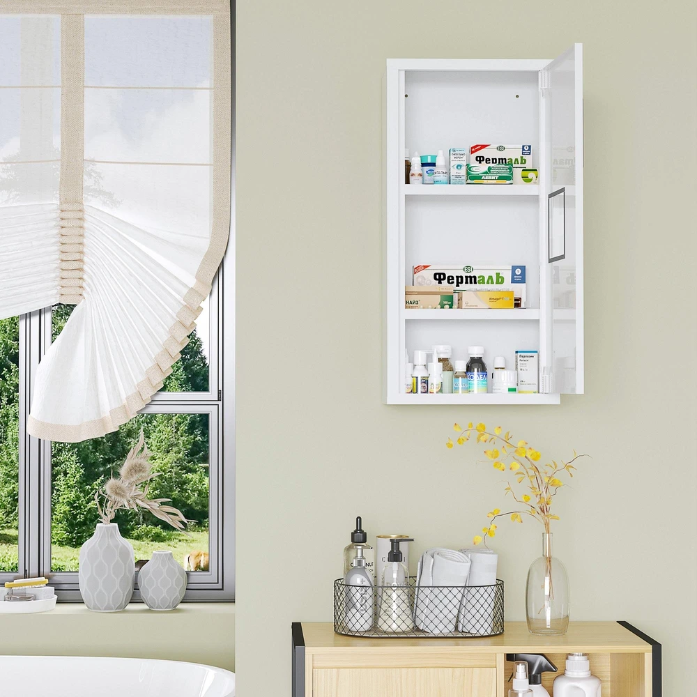 kleankin medicininė spintelė, pirmosios pagalbos spintelė, balta, su 3 vidinėmis lentynomis ir magnetiniu užraktu, vaistams, 40x15x53,5 cm