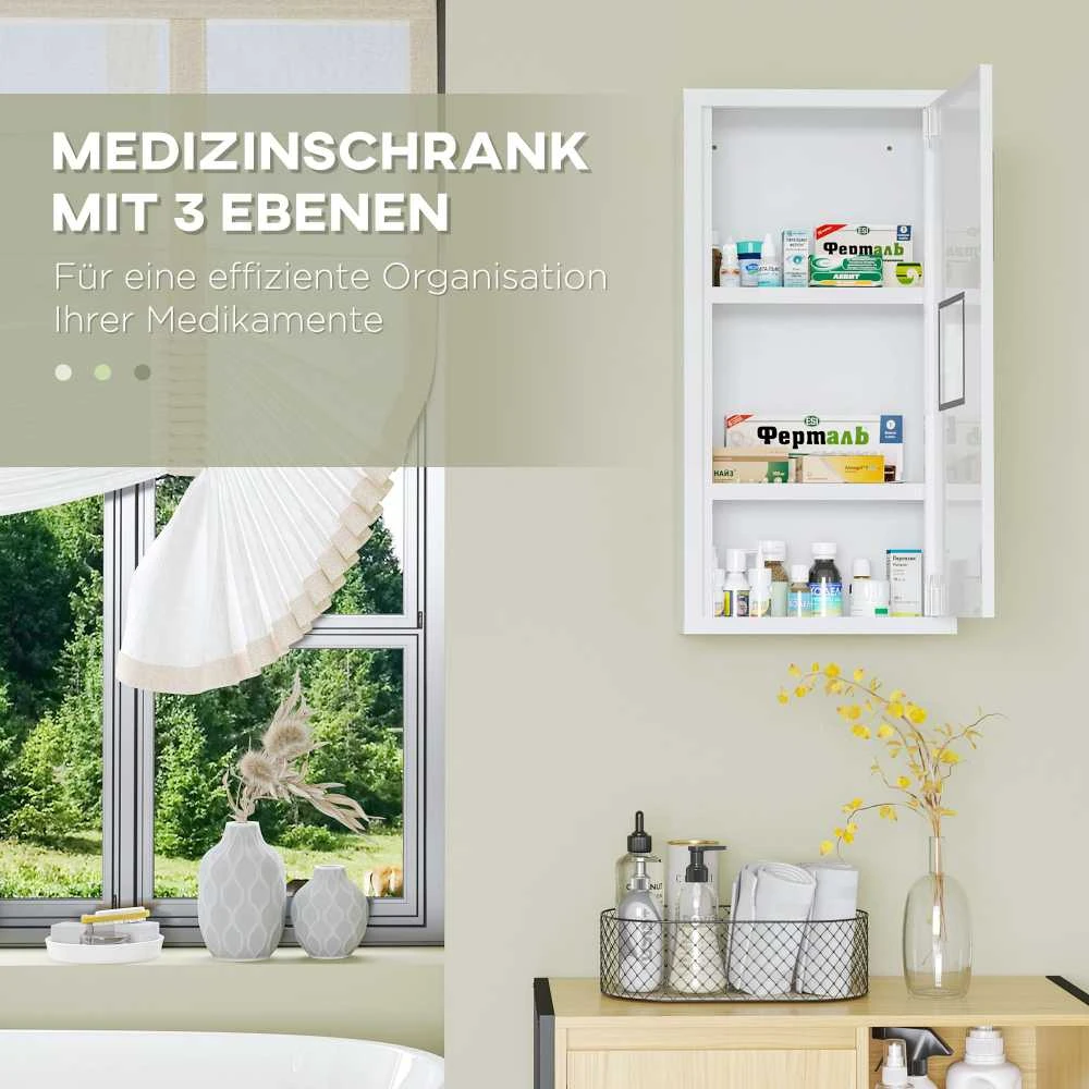 kleankin medicininė spintelė, pirmosios pagalbos spintelė, balta, su 3 vidinėmis lentynomis ir magnetiniu užraktu, vaistams, 40x15x53,5 cm