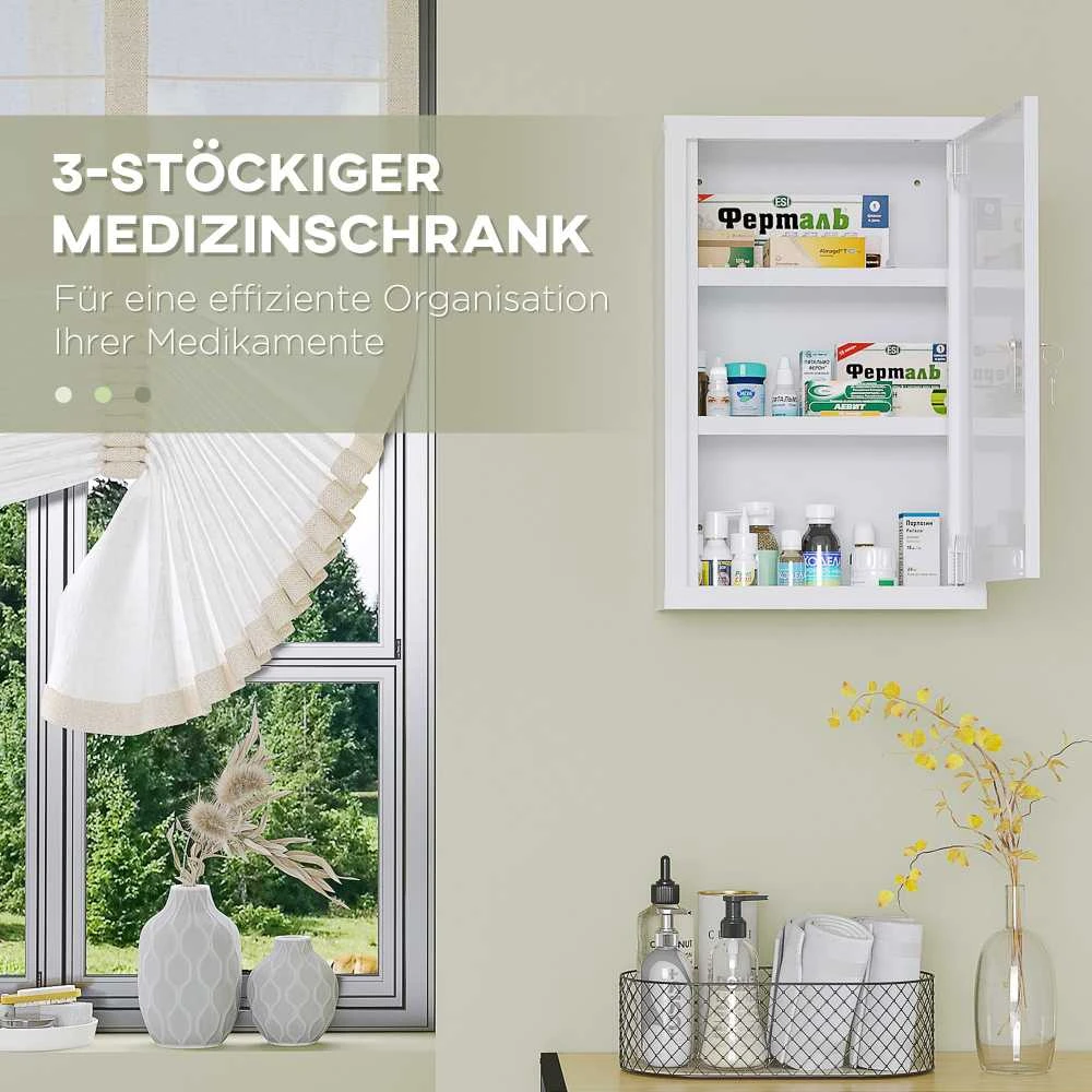 kleankin medicininė spintelė, vaistinėlė su 3 skyriais, spintelė vaistams, rakinama pirmosios pagalbos spintelė su 2 raktais, plieninė, balta, 30 x 14 x 46 cm