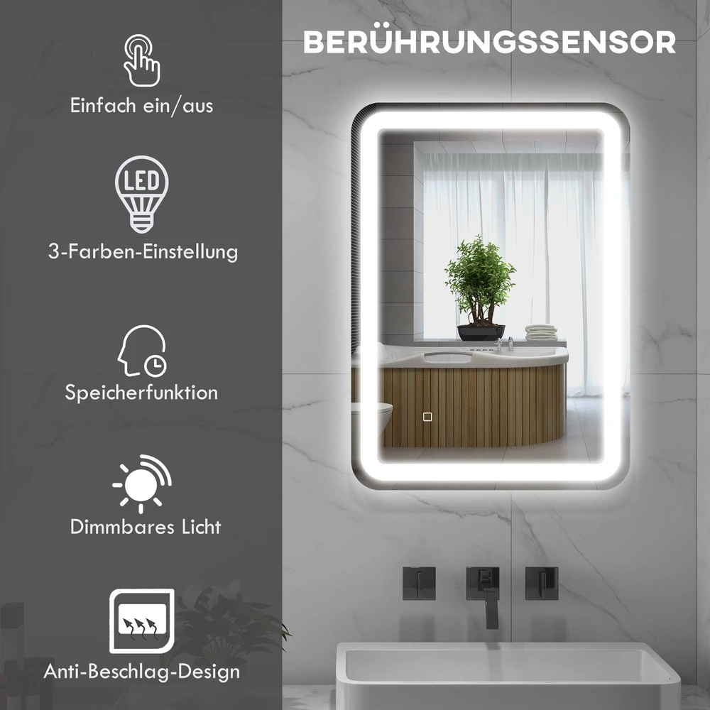 Homcom kleankin vonios veidrodis, 50 x 70 cm LED vonios veidrodis su 3 šviesos spalvomis, sieninis veidrodis su jutikliniu jungikliu, atminties funkcija, apšviečiamas veidrodis su apsauga nuo rasojimo, IP44