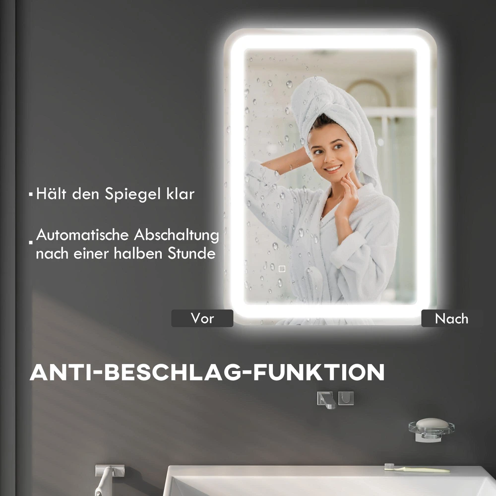 Homcom kleankin vonios veidrodis, 50 x 70 cm LED vonios veidrodis su 3 šviesos spalvomis, sieninis veidrodis su jutikliniu jungikliu, atminties funkcija, apšviečiamas veidrodis su apsauga nuo rasojimo, IP44
