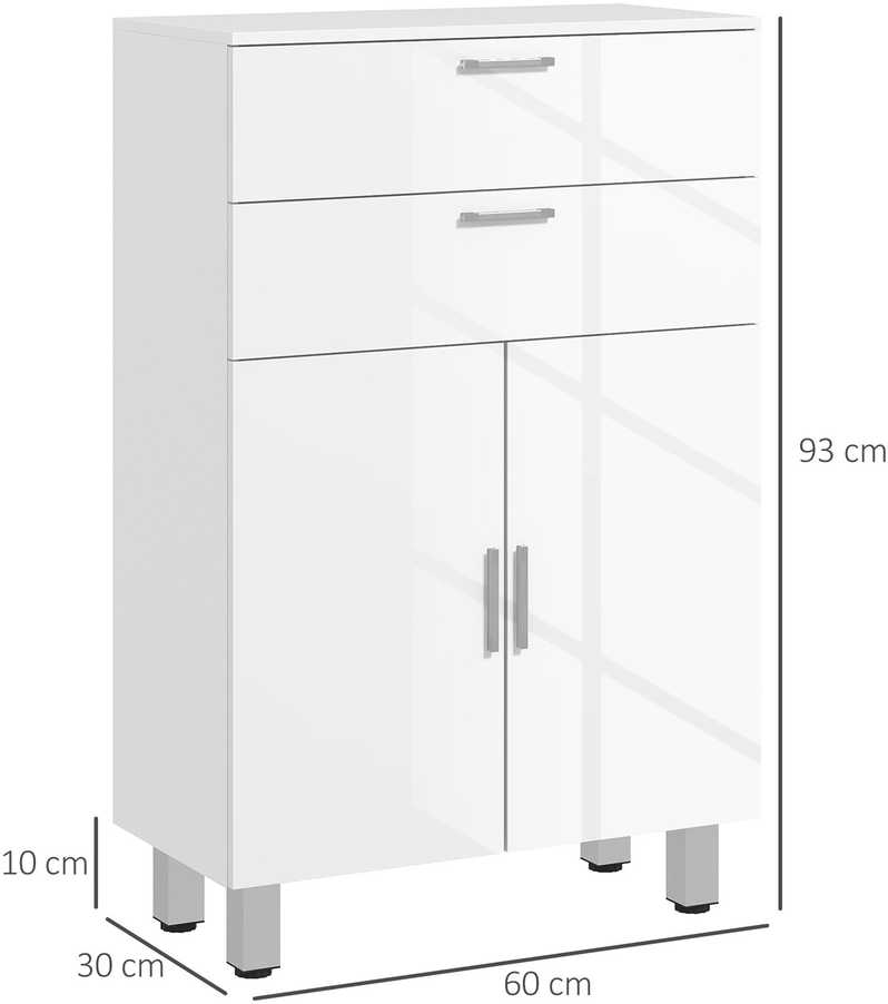 kleankin Vonios spintelė, šoninė spintelė su 2 blizgiais baltos spalvos stalčiais, durelėmis, vonios spintelė su reguliuojama lentyna, laikymo spintelė svetainei, 60 x 30 x 93 cm