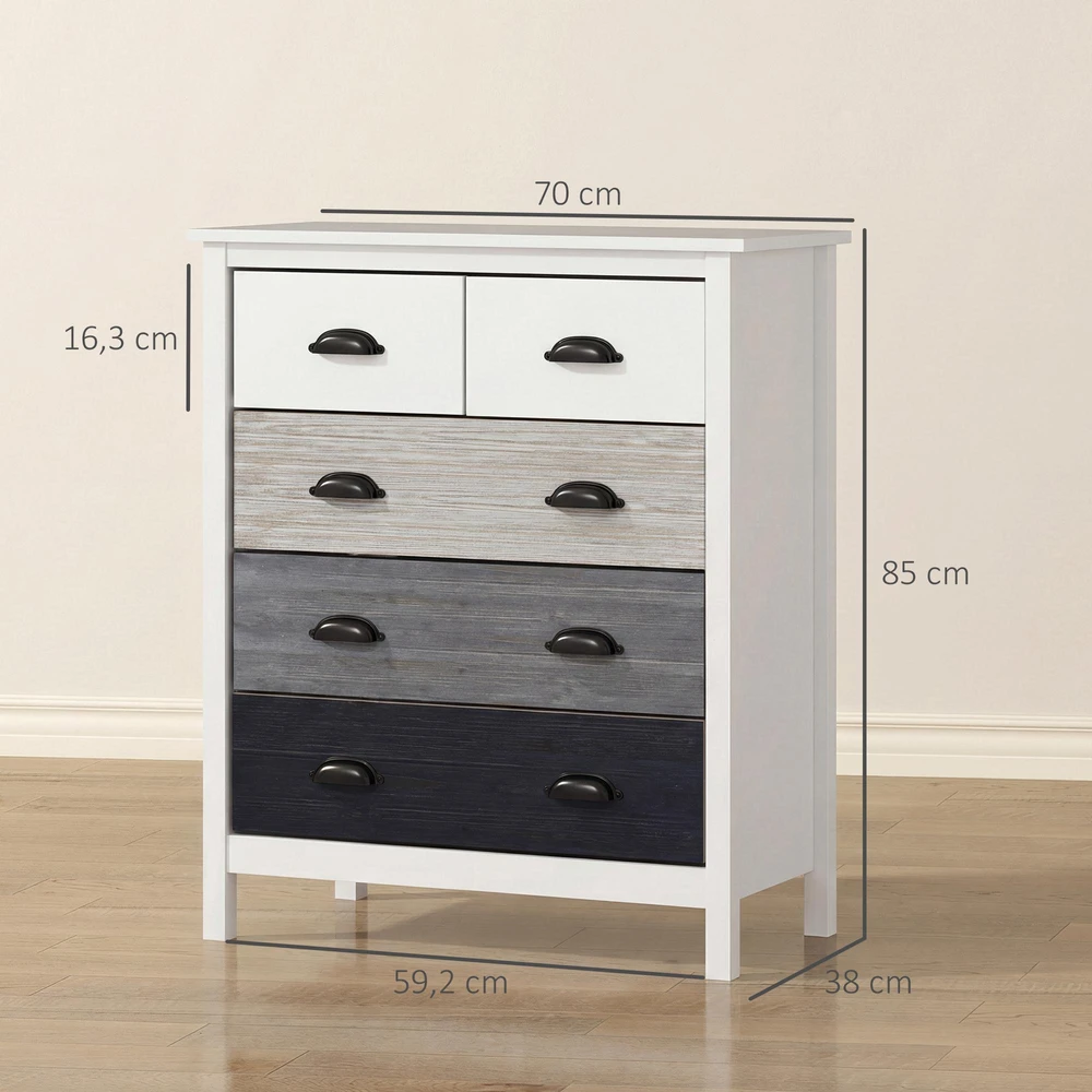 HOMCOM komoda, daiktadėžė su 5 stalčiais, spintelė su rankenėlėmis, apsauga nuo apvirtimo, miegamajam, svetainei, balta, 70 x 38 x 85 cm