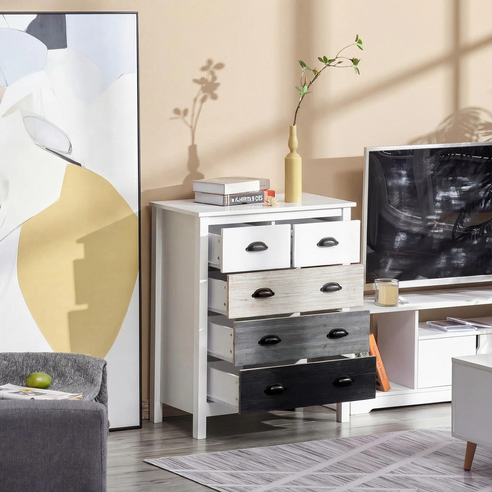 HOMCOM komoda, daiktadėžė su 5 stalčiais, spintelė su rankenėlėmis, apsauga nuo apvirtimo, miegamajam, svetainei, balta, 70 x 38 x 85 cm
