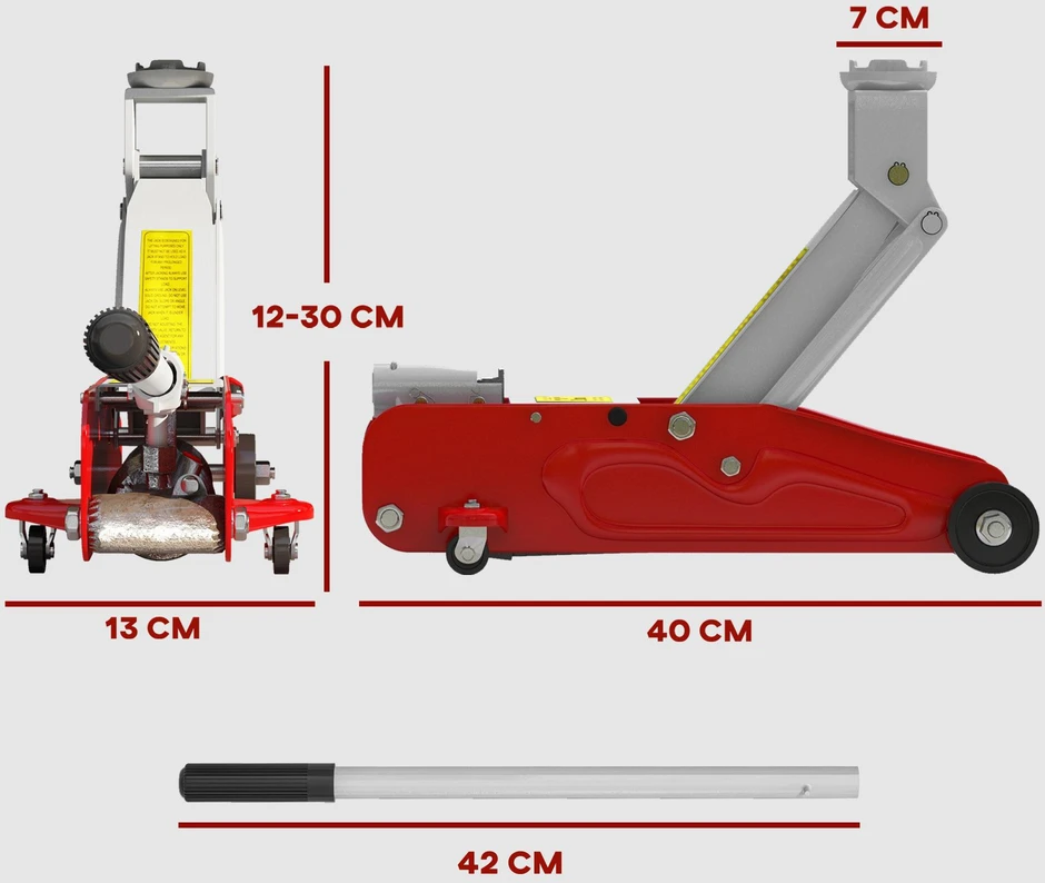 Kompaktiškas hidraulinis keltuvas, apsauga nuo perkrovos, automobiliams ir visureigiams, 2t, 120–300 mm, raudonas/geltonas