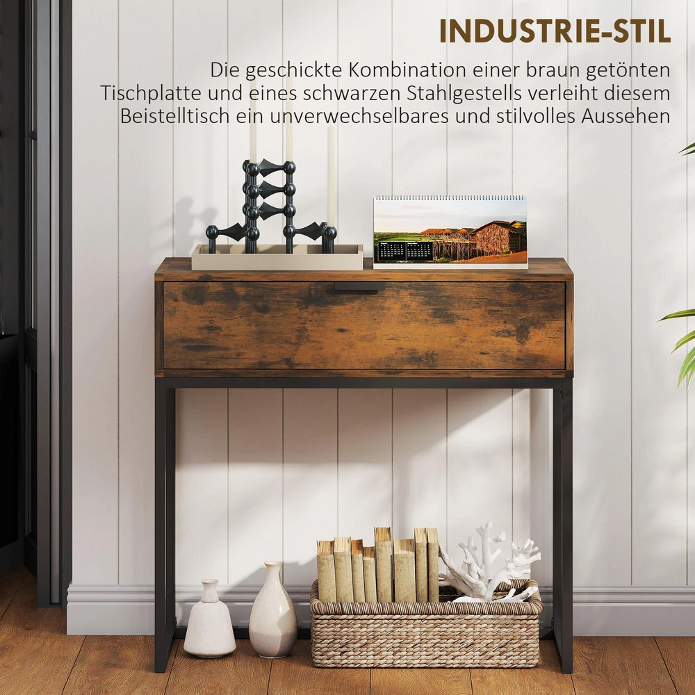 Konsolinis staliukas prieškambariui su stalčiumi, industrinio stiliaus, svetainei, 80x30x76 cm, juodas