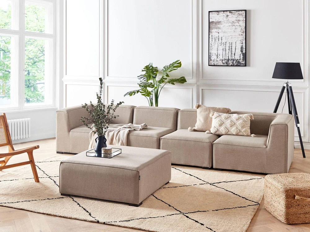Lauko baldų komplektas Beliani 4 vietų modulinė sodo sofa su pufu AREZZO smėlio spalvos