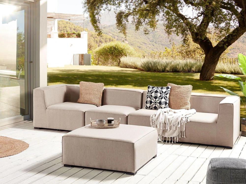 Lauko baldų komplektas Beliani 4 vietų modulinė sodo sofa su pufu AREZZO smėlio spalvos