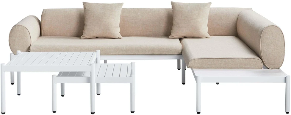 Lauko baldų komplektas Beliani L formos sodo kampinė sofa su staliuku 5 asmenims RASIGLIA kairinė smėlio spalvos metalinė