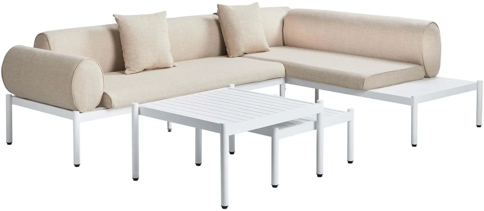 Lauko baldų komplektas Beliani L formos sodo kampinė sofa su staliuku 5 asmenims RASIGLIA kairinė smėlio spalvos metalinė