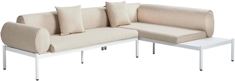 Lauko baldų komplektas Beliani L formos sodo kampinė sofa su staliuku 5 asmenims RASIGLIA kairinė smėlio spalvos metalinė