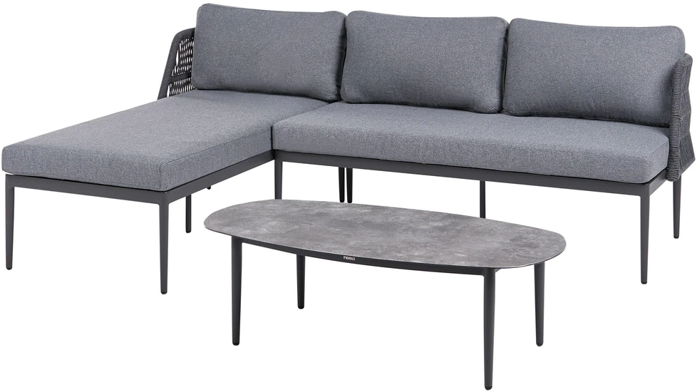 Lauko baldų komplektas Beliani L formos sodo kampinė sofa su staliuku 3 asmenims LEFFE dešininė, pilka, metalinė