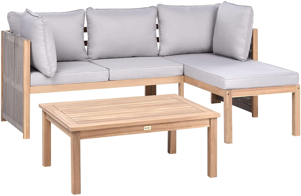 Lauko baldų komplektas Beliani Lauko kampinė sofa su staliuku 3 asmenims ARABBA Kairinio tipo, pilka, sertifikuota akacijos mediena