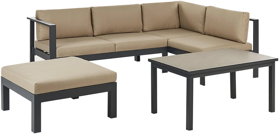 Lauko baldų komplektas Beliani Lauko kampinė sofa su stalu 5 asmenims MESSINA kairinis smėlio spalvos metalinis