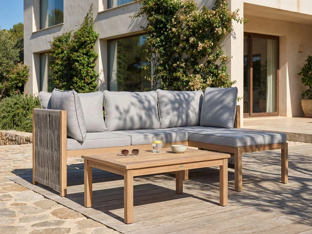 Lauko baldų komplektas Beliani Lauko kampinė sofa su staliuku 3 asmenims ARABBA Kairinio tipo, pilka, sertifikuota akacijos mediena