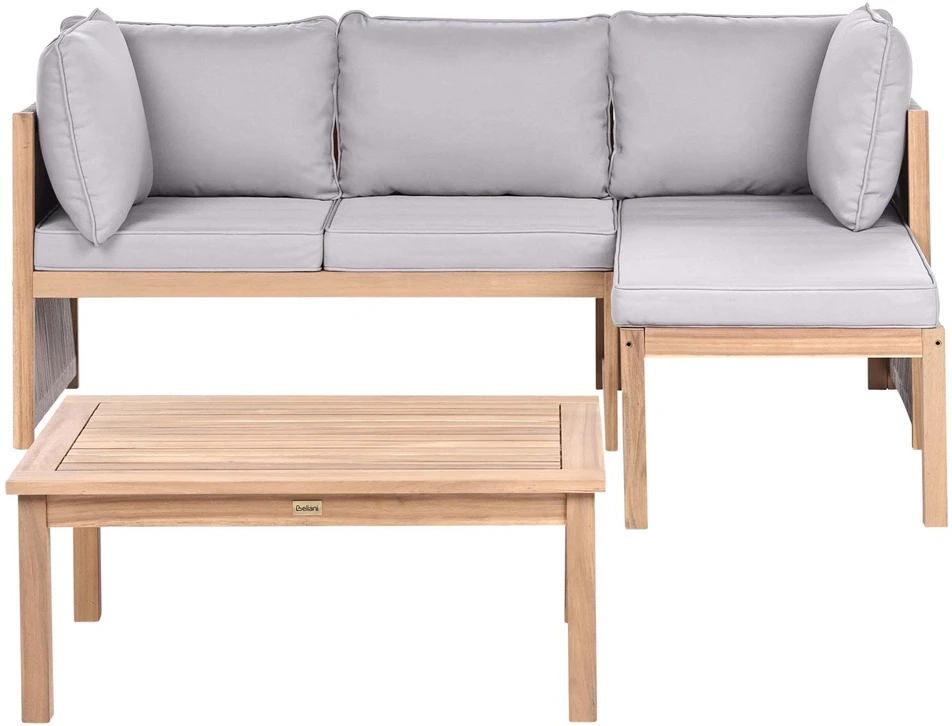 Lauko baldų komplektas Beliani Lauko kampinė sofa su staliuku 3 asmenims ARABBA Kairinio tipo, pilka, sertifikuota akacijos mediena