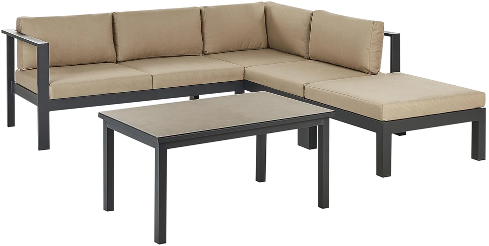 Lauko baldų komplektas Beliani Lauko kampinė sofa su stalu 5 asmenims MESSINA kairinis smėlio spalvos metalinis