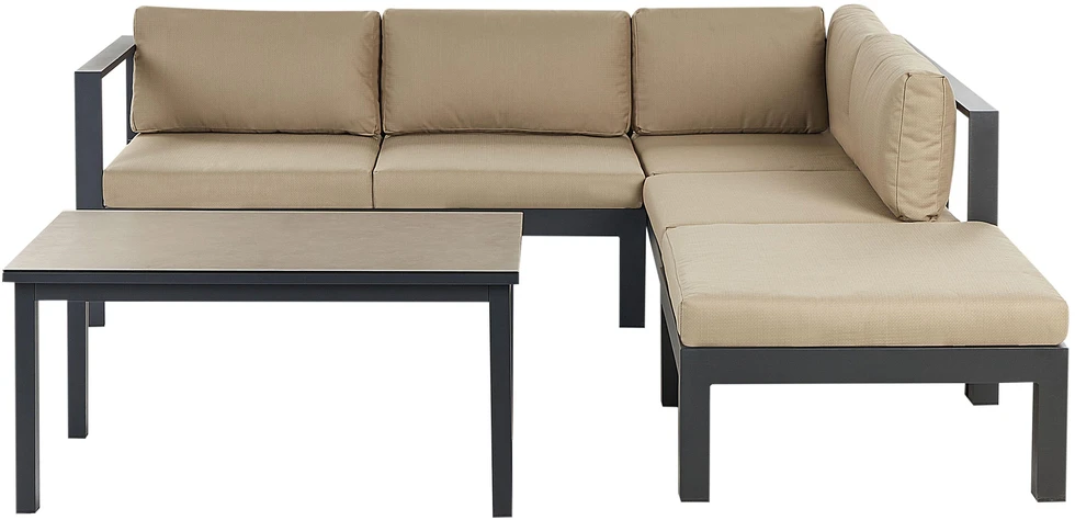 Lauko baldų komplektas Beliani Lauko kampinė sofa su stalu 5 asmenims MESSINA kairinis smėlio spalvos metalinis