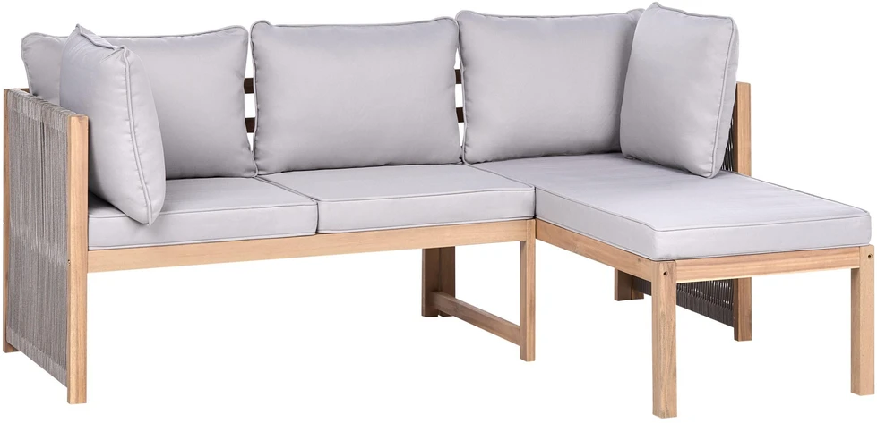 Lauko baldų komplektas Beliani Lauko kampinė sofa su staliuku 3 asmenims ARABBA Kairinio tipo, pilka, sertifikuota akacijos mediena