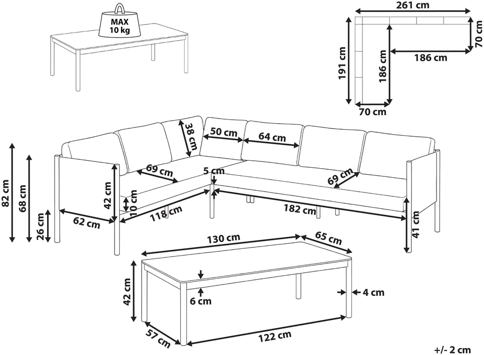 Lauko baldų komplektas Beliani Lauko kampinė sofa su staliuku 5 asmenims TONARA, metalinė, šviesiai smėlio spalvos, dešininė