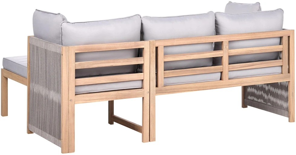 Lauko baldų komplektas Beliani Lauko kampinė sofa su staliuku 3 asmenims ARABBA Kairinio tipo, pilka, sertifikuota akacijos mediena