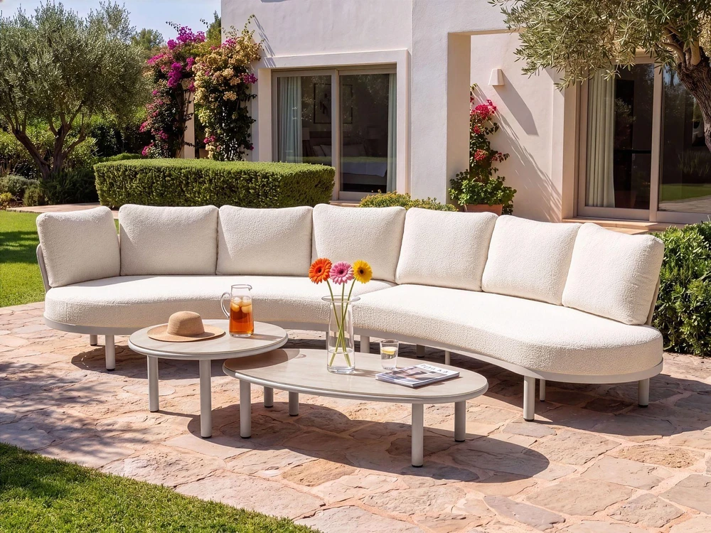 Lauko baldų komplektas Beliani Lauko sofa 6 žmonėms ORIOLO su staliukais, metalinė, šviesiai smėlinė