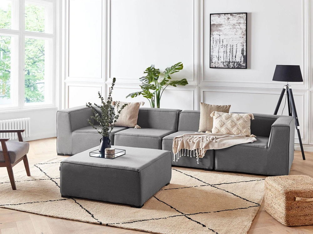 Lauko baldų komplektas Beliani Modulinė sodo sofa su pufu 4 asmenims AREZZO, pilka