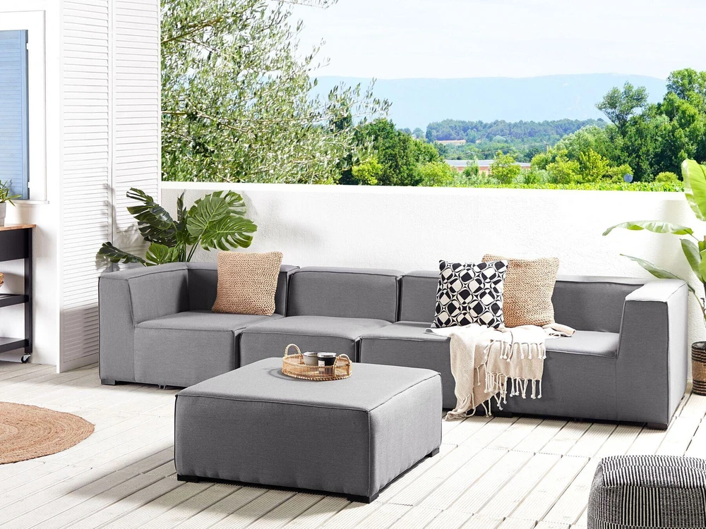 Lauko baldų komplektas Beliani Modulinė sodo sofa su pufu 4 asmenims AREZZO, pilka
