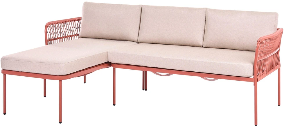 Lauko baldų komplektas Beliani „ONZO“ dešininė sodo kampinė sofa 3 asmenims su staliukais, metalinė, raudona