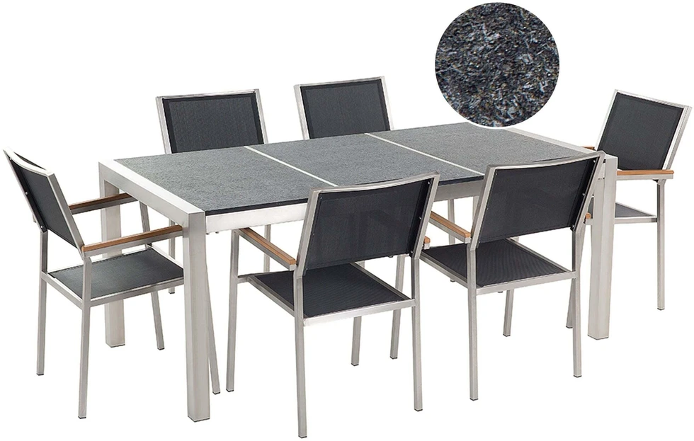 Lauko baldų komplektas Beliani Sodo baldų komplektas 6 asmenims GROSSETO Juodas Granite, degintas akmuo, dalijamas stalviršis