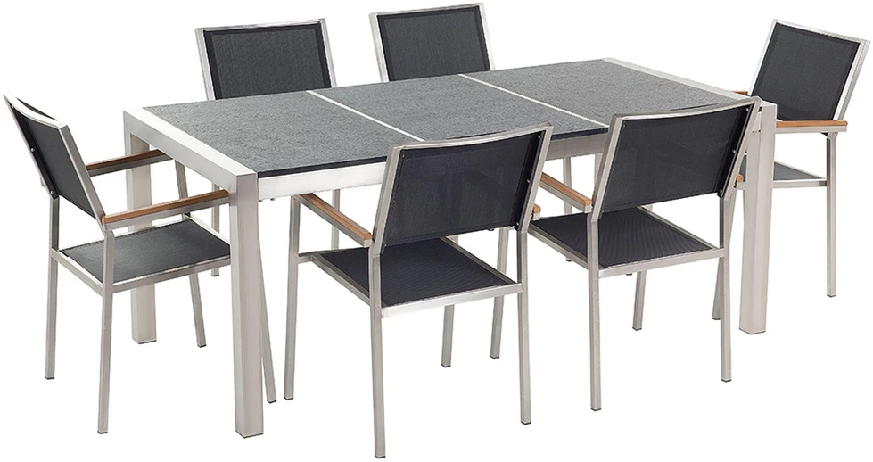 Lauko baldų komplektas Beliani Sodo baldų komplektas 6 asmenims GROSSETO Juodas Granite, degintas akmuo, dalijamas stalviršis