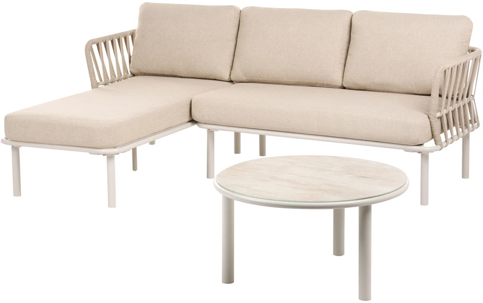 Lauko baldų komplektas Beliani Sodo kampinė sofa su staliuku 3 žmonėms ORTE, metalinė, smėlio spalvos, dešinės pusės