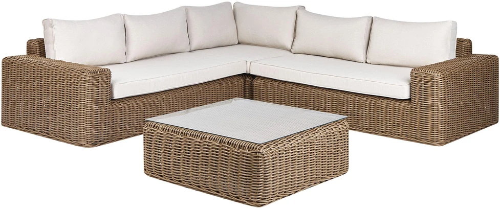Lauko baldų komplektas Beliani Sodo kampinė sofa su otomane 6 asmenims PALERMO, ruda, technoratanas, modulinė