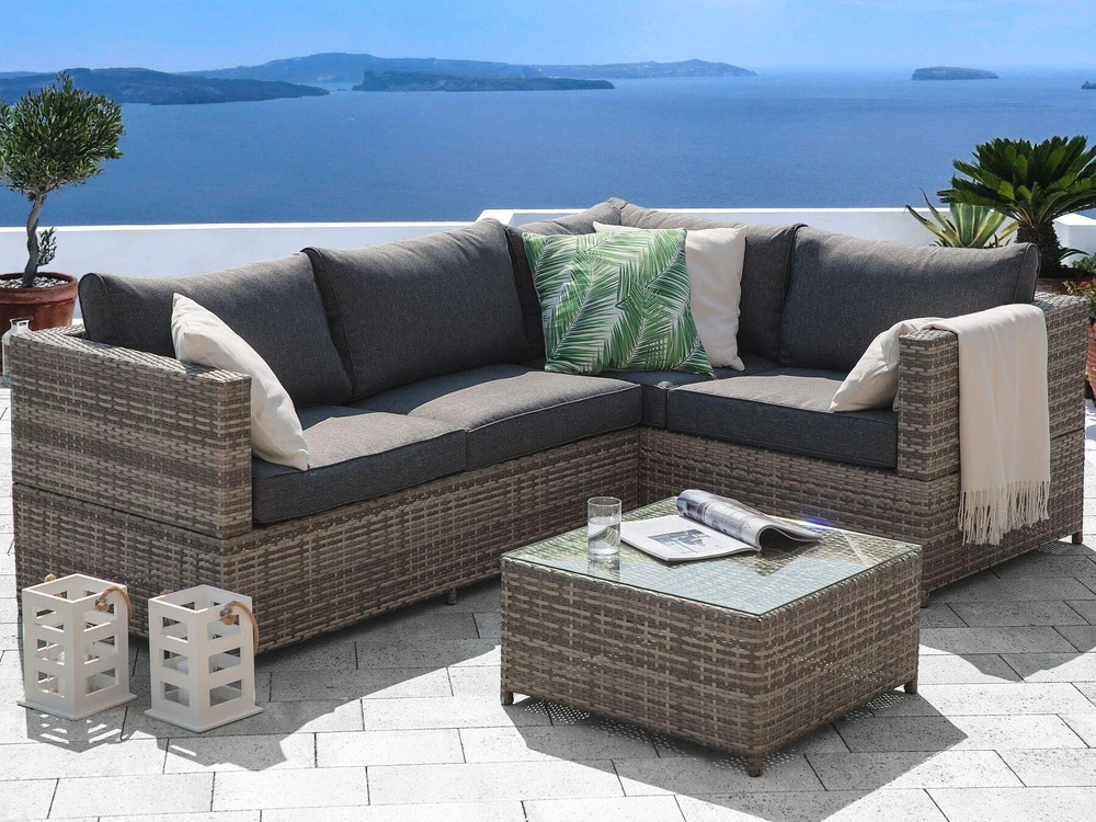 Lauko baldų komplektas Beliani Sodo kampinė sofa su staliuku 4 asmenims AVOLA kairinė, pilka, technoratanas