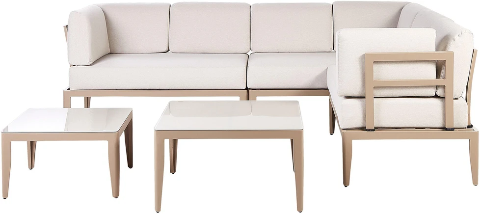 Lauko baldų komplektas Beliani Sodo kampinė sofa su staliuku 6 asmenims RIMA III kairinė, šviesiai smėlio spalvos