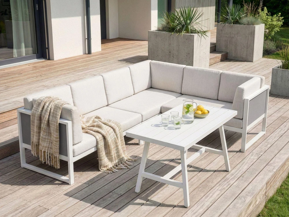 Lauko baldų komplektas Beliani Sodo kampinė sofa su stalu 6 asmenims CASTELLA/FRATTE kairinė, kreminė balta, metalinė