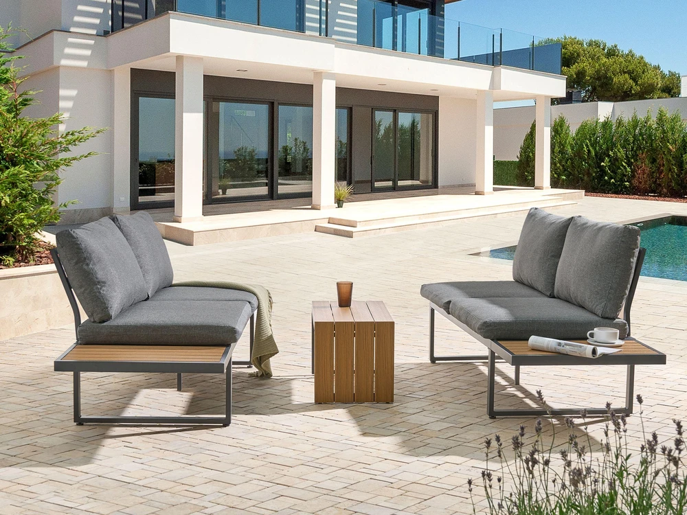 Lauko baldų komplektas Beliani Sodo kampinė sofa su staliuku 4 asmenims PIENZA kairinė, šviesiai ruda/pilka