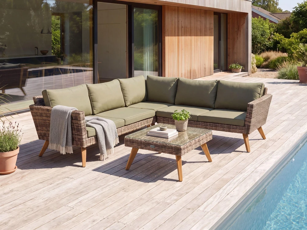 Lauko baldų komplektas Beliani Sodo kampinė sofa su staliuku 6 asmenims VITTORIA iš technorattano, alyvuogių spalvos