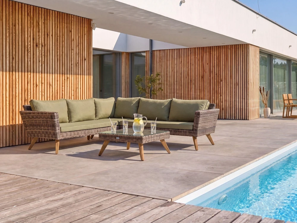 Lauko baldų komplektas Beliani Sodo kampinė sofa su staliuku 6 asmenims VITTORIA iš technorattano, alyvuogių spalvos