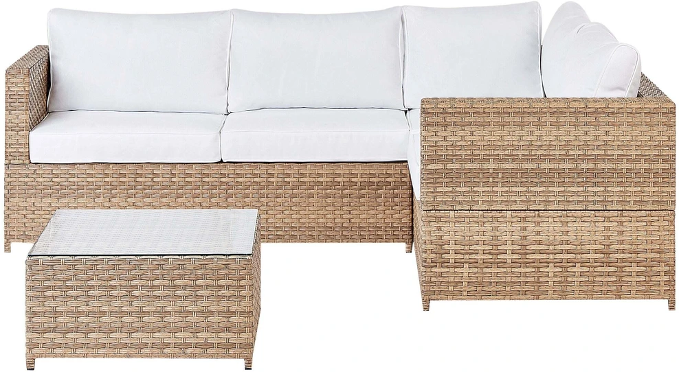 Lauko baldų komplektas Beliani Sodo kampinė sofa su stalu AVOLA, kairinė, kreminė balta, technorotangas