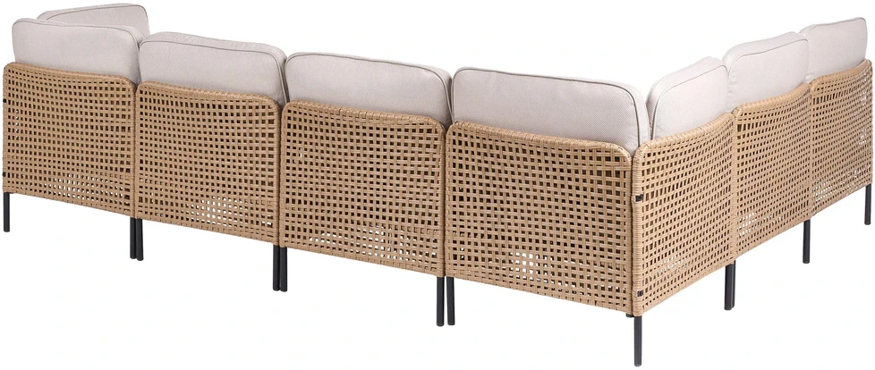Lauko baldų komplektas Beliani Sodo kampinė sofa su staliuku 6 asmenims OMEGANA šviesiai smėlio spalvos iš technoratano, modulinė